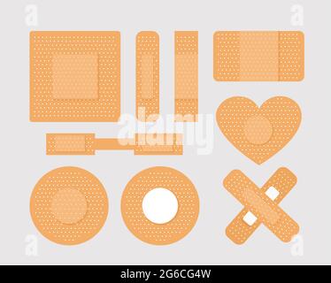 Vektor-Illustration Set von erste-Hilfe-Band Gipsstreifen in verschiedenen Formen, Medical Patch Icon Sammlung. Kreuz, Herz und Box Banner von Patches. Stock Vektor