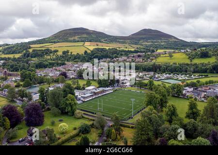 Luftaufnahme der Greenyards, Heimat des Melrose Rugby Clubs und Geburtsort der sieben-gegen-zwei-Rugby-Union, die vom lokalen Metzger Ned Haig erfunden wurde, Stockfoto