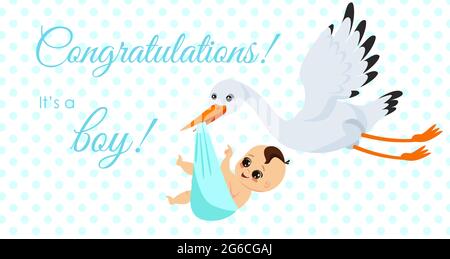 Vektor-Illustration von glücklichen Storch tragen niedlichen Baby Junge in der Tasche. Es ist ein Junge Neugeborenes Baby Konzept im Cartoon-Stil für Grußkarte. Stock Vektor