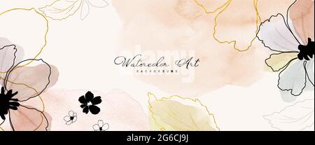Abstrakte Kunst Aquarell Blume botanischen und goldenen Linie für Natur Banner Hintergrund. Aquarell handbemaltes Kunstdesign geeignet für den Einsatz als Header, wir Stock Vektor