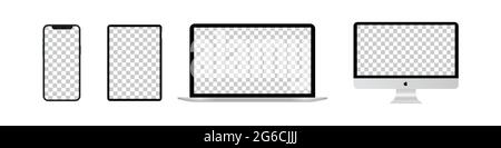 Richten Sie Mockup-Computer, Laptop, Tablet, Smartphone ein. Realistische isolierte Vektorvorlagen Stock Vektor