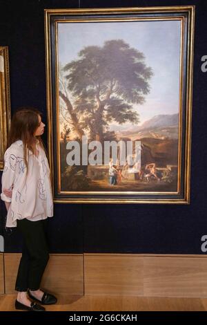 London 05 July 2021 Bonhams Classic Week ,Alte Meister Landschaft mit Figuren von Andrea Locatelli. Schätzung: £40,000-60,000. Paul Quezada-Neiman/Alamy Live News Stockfoto