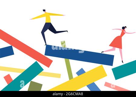 Illustration eines Paares, das über einstürzende Blöcke springt Stock Vektor