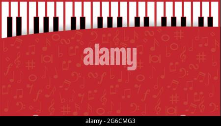 Weltklaviertag. Tastaturtasten Instrumentenschild. Musiknoten, musikalische Wellen Notensymbole. Flacher Vektor-Schlüssel-Stabbanner. Klassischer Schlüssel, G-Melodie. Stockfoto