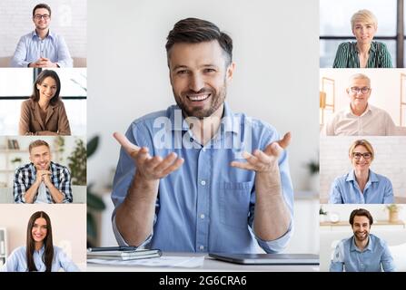 Hübscher Geschäftsmann Führt Gruppenvideokonferenz Mit Kollegen, Webcam Screenshot Stockfoto