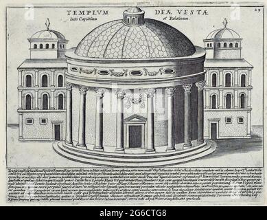 Tempel der Vesta zwischen Kapitol und Palatin. Der kleine Rundtempel diene der Aufnahme des heiligen Feuers und der Aufbewahrung heiliger Reliquien. Er brannte 390 v. Chr., aber auch noch einige andere Male. Er steht am östlichen Ende des Forum Romanum. Der Tempel war der Vesta geiht, historisches Rom, Italien, Splendore Dell' Antica Roma: Die Pracht Roms, um 1625 / historisches Rom, Italien, das Bild zeigt den Vestatempel zwischen Kapitol und Palatin. Der kleine runde Tempel wurde verwendet, um das heilige Feuer zu enthalten und heilige Reliquien zu schützen. Es brannte im Jahr 390 v. Chr., ein Stockfoto