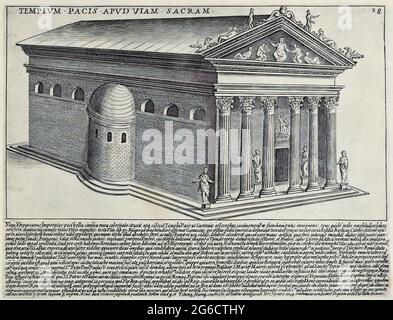 Templum Pacis Apud Viam Sacram, der Friedenstempel an der Via Sacra. Die Via Sacra war die Hauptstraße in der antiken Stadt Rom. Sie führte von der Spitze des Kapitolshügels durch das Forum und zum Kolosseum, historisches Rom, Italien, Splendore Dell' Antica Roma: The Splendors of Rome, circa 1625 / Historic Rome, Italy, Templum Pacis Apud Viam Sacram, the Temple of Peace on the Via Sacra. Die Via Sacra war die Hauptstraße der antiken Stadt Rom. Es führte von der Spitze des Kapitols, durch das Forum, und zum Kolosseum, historisch, historisch, digital verbesserte Wiedergabe Stockfoto