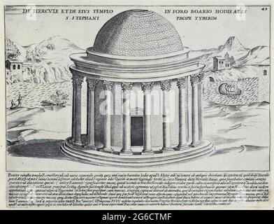 Der Tempel des Herkules-Siegers oder des unbesiegten Herkules oder des Herkules-Öls, der sich auf der Piazza della Bocca della Verità in Rom befindet, nicht weit vom Tempel des Portunus innerhalb des Forums Boario, historisches Rom, Italien, Splendore Dell' Antica Roma: The splendors of Rome, circa 1625 / Historical Rome, Italy, Tempel des Herkules-Siegers oder Herkules Invictus oder Herkules Olearius, gelegen auf der Piazza della Bocca della Verità in Rom, nicht weit vom Tempel des Portunus im Forum Boario, historisch, historisch, digital verbesserte Reproduktion eines Originals aus dem 17. jahrhundert Stockfoto