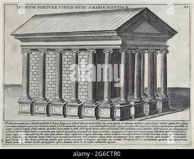 Der Portunustempel ist ein römischer Tempel aus der republikanischen Zeit, der sich in Rom auf der heutigen Piazza della Bocca della Verità befindet, wo sich in der Antike das Foro Boario befand, nicht weit vom Herkulestempel und dem ältesten Hafen des Tiberius, historisches Rom, Italien, Splendore Dell' Antica Roma: Die Pracht von Rom, um 1625 / historisches Rom, Italien, Tempel des Portunus ist ein römischer Tempel der republikanischen Zeit, in Rom auf der aktuellen Piazza della Bocca della Verità, wo in der Antike gab es das Forum Boarium, nicht weit vom Tempel des Herkules und Stockfoto