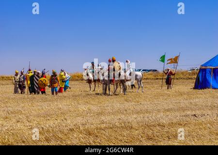 Lavi, Israel - 02. Juli 2021: Nachstellung der Schlacht von Hattin 1187 (Ayyubider Sultan Saladin besiegte die Kreuzritter): Muslim (Ayyubid) Stockfoto