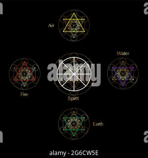 Vier Elemente Symbole und Magic Spirit Symbol, Gold runde Symbole Set Vorlage. Symbol für Luft, Feuer, Wasser, Erde. Piktogramm Alchemy-Zeichen isoliert Stock Vektor