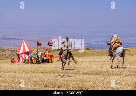 Lavi, Israel - 02. Juli 2021: Nachstellung der Schlacht von Hattin 1187 (Ayyubider Sultan Saladin besiegte die Kreuzritter): Muslim (Ayyubid) Stockfoto