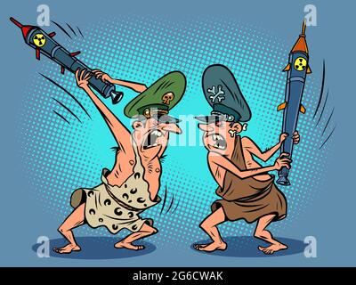Militaristen, Generäle kämpfen mit Raketen, wie primitive Wilde Stock Vektor