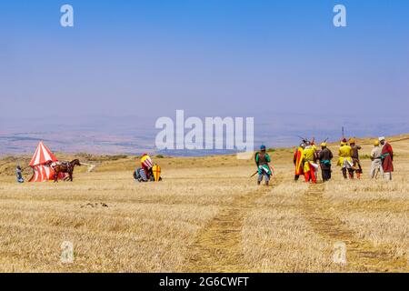 Lavi, Israel - 02. Juli 2021: Nachstellung der Schlacht von Hattin 1187 (Ayyubider Sultan Saladin besiegte die Kreuzritter): Muslim (Ayyubid) Stockfoto