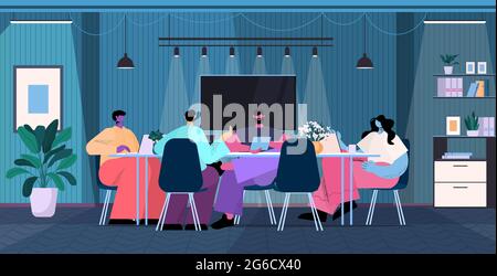 Geschäftsleute führen Brainstorming am runden Tisch durch, und Geschäftsleute arbeiten in der Teamarbeit im Büro in der dunklen Nacht zusammen Stock Vektor