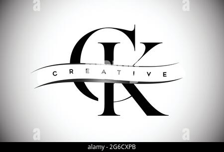 Serif CK Icon Design mit schwarzen Farben. CK Letter Logo mit Serif Letter und Creative Cut in der Mitte. Stock Vektor