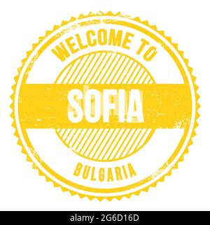 WILLKOMMEN IN SOFIA - BULGARIEN, Worte auf gelbem Zickzack-Stempel geschrieben Stockfoto