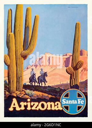 REISEPLAKAT: Arizona Santa Fe Railroad – Vereinigte Staaten von Amerika. 1940er Jahre. Ein paar Cowboys, die auf Pferden reiten. Zwei große Kakteen vorne. Stockfoto