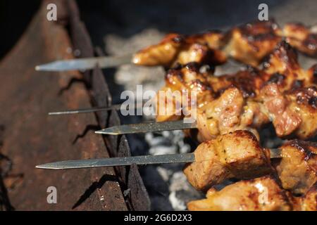 Appetitlich gegrilltes Fleisch auf Spiessen an einem sonnigen Tag im Grill gebacken Stockfoto