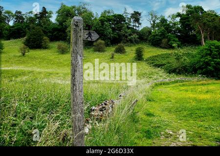 Altes öffentliches Wanderwegschild in Wolfscote Dale, Hartington, Peak District, Derbyshire, England, VEREINIGTES KÖNIGREICH Stockfoto