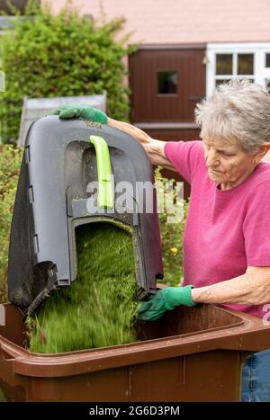 Hampshire, England, Großbritannien. 2021. Frau, die Gras-Stecklinge in einen braunen Mülltonne im Garten leert. Stockfoto