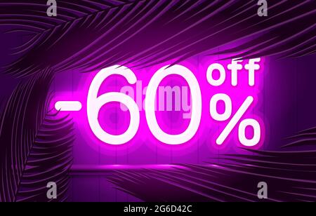 Neon Frame 60 off Text Banner, Sommer Bar Promotion. Nachtschild. Vektorgrafik Stock Vektor