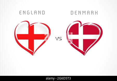 England gegen Dänemark, Flaggen im Herzen Emblem. Englische und dänische Nationalmannschaftsflaggen auf weißem Hintergrund. Vektorgrafik für Fußballpokal Stock Vektor