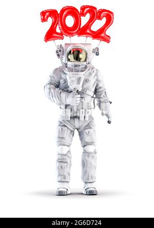 Astronaut mit 2022 Ballon / 3D-Darstellung des Raumanzugs trägt männliche Figur mit roten Kunststoff-Nummer Jahr 2022 Ballons isoliert auf weißem Studio Stockfoto
