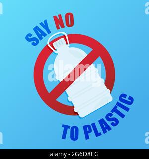 Sagen Sie Nein zu Plastik. Umweltplakat mit Text. Konzept für Verschmutzungsproblemen. Verbotsschild. Kunststoffflasche. Stockfoto