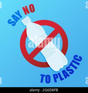 Sagen Sie Nein zu Plastik. Umweltplakat mit Text. Konzept für Verschmutzungsproblemen. Verbotsschild. Kunststoffflasche. Stockfoto