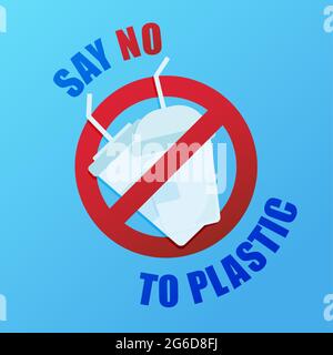 Sagen Sie Nein zu Plastik. Umweltplakat mit Text. Konzept für Verschmutzungsproblemen. Verbotsschild. Eine davon ist mit Plastikbechern ausgestattet. Stockfoto