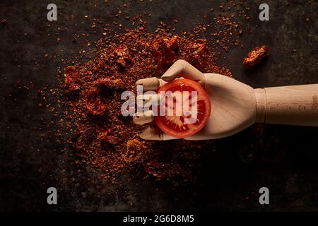 Draufsicht Komposition mit frischen roten Tomatenscheiben in künstlicher Holzhand über gemahlenen sonnengetrockneten Tomaten auf schwarzem Hintergrund platziert Stockfoto