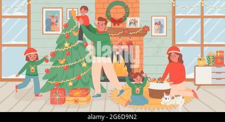 Familie Feiern sie weihnachten zu Hause. Eltern und Kinder schmücken den Weihnachtsbaum im Wohnzimmer mit Kamin. Vektorposter für das neue Jahr Stock Vektor