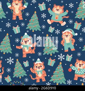 Weihnachtlicher Tiger mit nahtlosem Muster. Niedliche Cartoon-Tiger in weihnachtshut mit Weihnachtsbaum, Schneeflocke und Geschenkbox. Tiervektordruck für das neue Jahr 2022 Stock Vektor