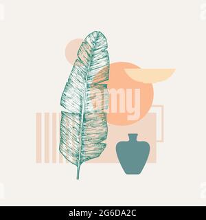 Vektor Abstrakter Hintergrund Dekoratives Layout. Handgezeichnete Palmblatt-Vase mit abstrakten geometrischen Formen. Zeitgenössische Kunst Botanisches Design für Cover Stock Vektor