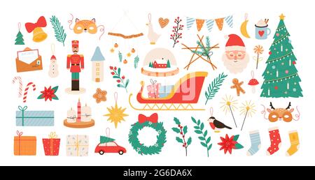 Weihnachten Cartoon Dekorationen und Spielzeug. Neujahr und fröhliche Weihnachten Dekorelemente, Nussknacker, Mistel, Socken und santa Sticker Vektor-Set Stock Vektor