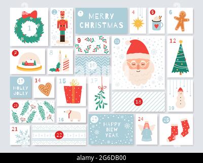 Adventskalender Weihnachten. Countdown der Dezembertage mit Geschenken. Ferien niedlichen Handwerk Kalender mit Zahlen und Boxen Vektor-Vorlage Stock Vektor