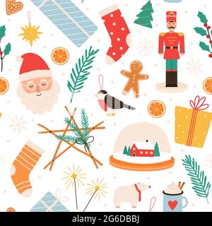 Weihnachtliches Nahtmuster. Frohe Winterferien und ein glückliches neues Jahr mit Geschenken, Lebkuchen, weihnachtsmann, Nussknacker und Baumspielzeug, Vektordruck Stock Vektor