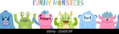 Banner für Halloween-Monster. Happy Monster Party mit niedlichen Charakteren. Cartoon unheimlich lustige Monster und Aliens für Kinder Geburtstag Vektor Poster Stock Vektor