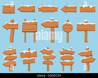 Hölzerne Schilder mit Schnee. Holzbanner, hängende Bretter und Richtungspfeil. Cartoon Winter Wegweiser Planken mit Eis schneebedeckten Kappen Vektor-Set Stock Vektor