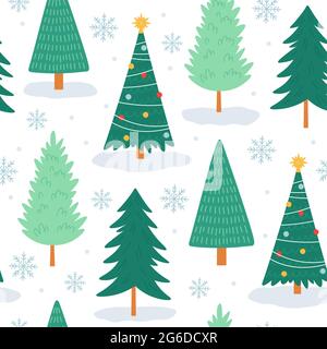 Weihnachtsbaum nahtloses Muster. Noel-Print mit Schneeflocken, Weihnachtsdekoder und Waldkiefern. Winter Urlaub niedlichen Baum Vektor Tapete Stock Vektor