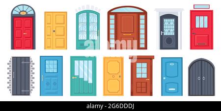 Retro-Türen. Cartoon Vordertür außen mit Ziegelwand. Haus- oder Büroeingang mit Glas. Holztür Design mit Griff Vektor-Set Stock Vektor