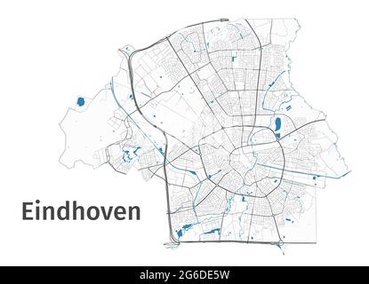 Eindhoven-Karte. Detaillierte Karte des Verwaltungsgebiets der Stadt Eindhoven. Stadtbild-Panorama. Lizenzfreie Vektorgrafik. Übersichtskarte mit Autobahnen, st Stock Vektor