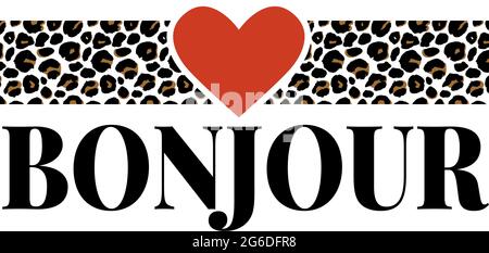 Dekorativer BONJOUR HELLO Text mit Leopardenhaut Stock Vektor