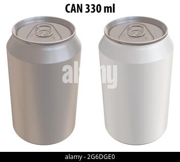 3D-Rendering - hochauflösendes Bild von CAN 330ml, weiß und silber, isoliert auf weißem Hintergrund, hochwertige Details, druckbereit für Großformat Stockfoto