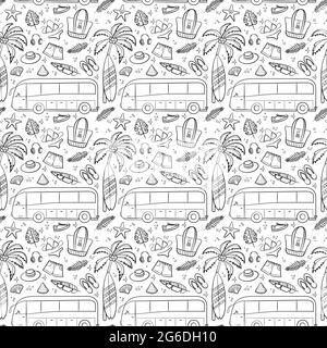 Nahtloses Reise- und Urlaubsmuster mit Reiseelementen. Nahtlose Muster für Design, Poster, Hintergründe Urlaub und Reise Thema. Bus, Palm und Stock Vektor