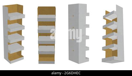 3D-Rendering - hochauflösende Bild POS Boden Display Box Vorlage isoliert auf weißem Hintergrund, hochwertige Details aus Karton Stockfoto