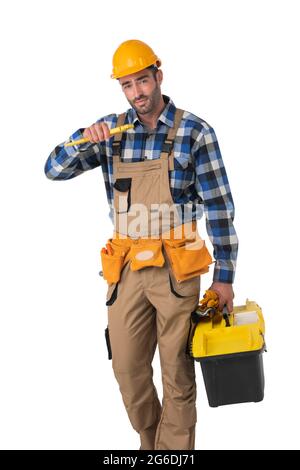 Porträt des Bauarbeiters mit Werkzeugkasten und Schraubenschlüssel isoliert auf weißem Hintergrund Stockfoto