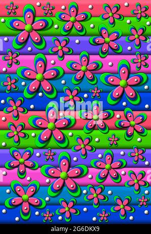 Mehrfarbige Streifen in 3D-Liniengrafik. Mehrlagige Blüten in aufeinander abgestimmten Farben bilden die zweite Schicht. Weiße Punkte geben Auffüllung. Stockfoto