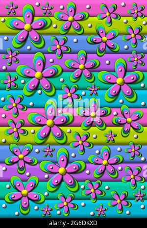 Mehrfarbige Streifen in 3D-Liniengrafik. Mehrlagige Blüten in aufeinander abgestimmten Farben bilden die zweite Schicht. Weiße Punkte geben Auffüllung. Stockfoto